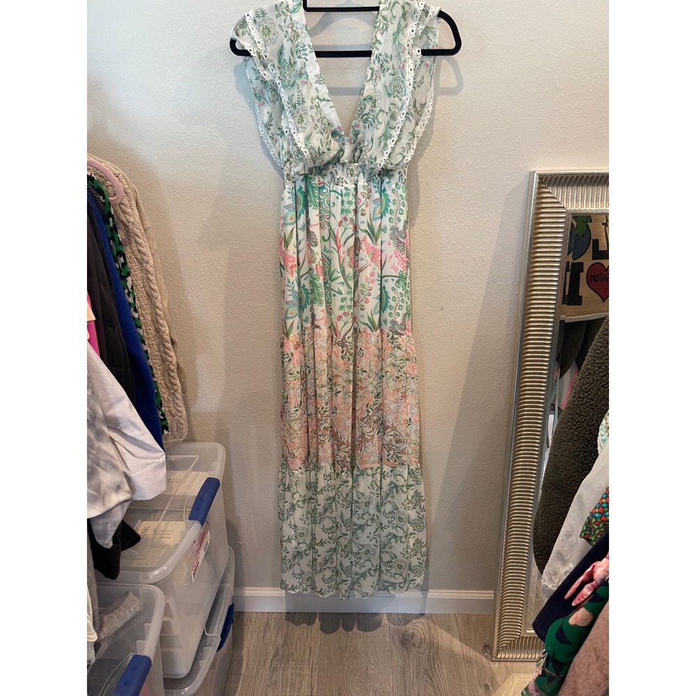 House of Harlow 1960 Floral Maxi Dress Lace Trim Smocked Waist Boho Women Small - Picture 2 of 4